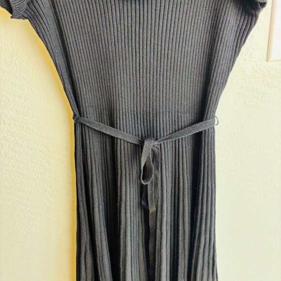 Adrianna Papell Ribbed Knit Flutter Sleeve Black Midi Dress Belted NWT - Picture 6 of 9